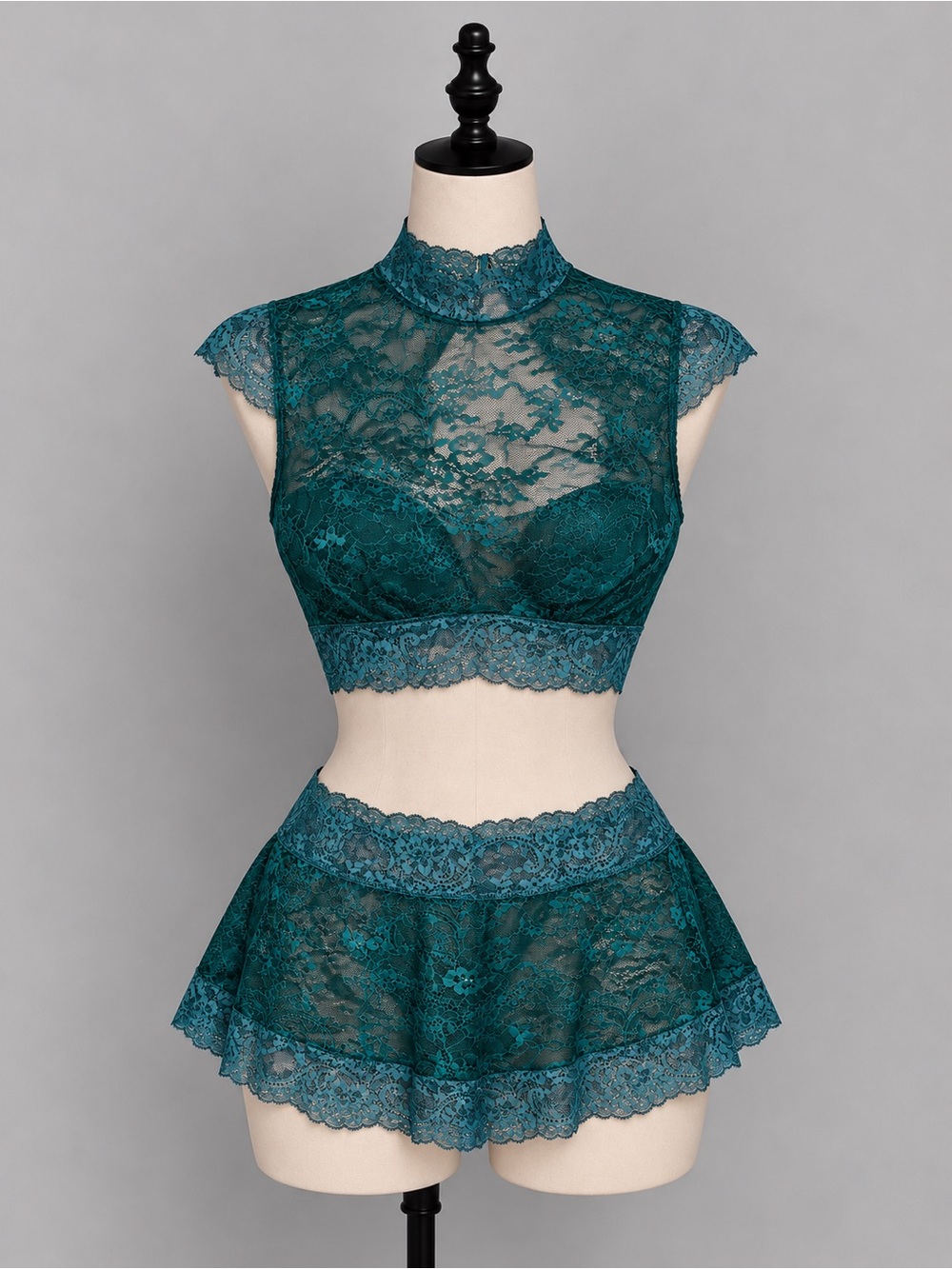 La Vie En Rose Teal Lace High-Neck Bralette and Skirt Set